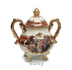 Euro Porcelain 12-pc Tea Cup Set Antique Red, 24K Gold Bone China Vintage Dining
