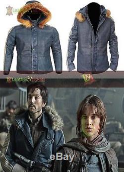 Star Wars Rogue One Fur Hood Vintage Casual Bomber Real Leather Celebrity Jacket