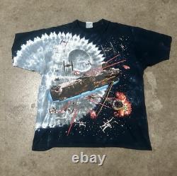Vintage 1997 Star Wars Liquid Blue AOP Shirt Millennium Falcon Death Star Large
