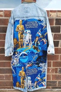 Vintage 70s AOP Star Wars Upcycle 80s Denim Trench Coat Jacket Sz S M T Shirt