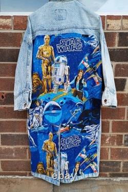 Vintage 70s AOP Star Wars Upcycle 80s Denim Trench Coat Jacket Sz S M T Shirt