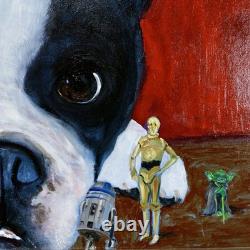 Vintage Framed Boston Terrier Dog Portrait With Star Wars Figurines Oil Painting