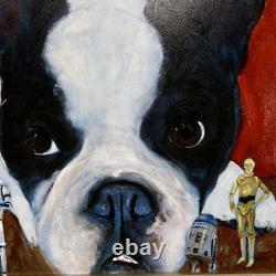 Vintage Framed Boston Terrier Dog Portrait With Star Wars Figurines Oil Painting