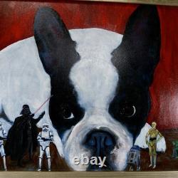 Vintage Framed Boston Terrier Dog Portrait With Star Wars Figurines Oil Painting