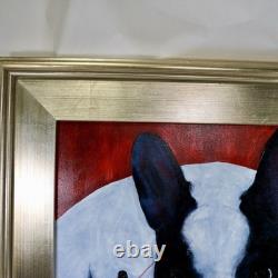 Vintage Framed Boston Terrier Dog Portrait With Star Wars Figurines Oil Painting